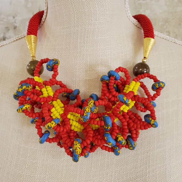 Red Multi Loopa Woven Beaded Crochet Necklace