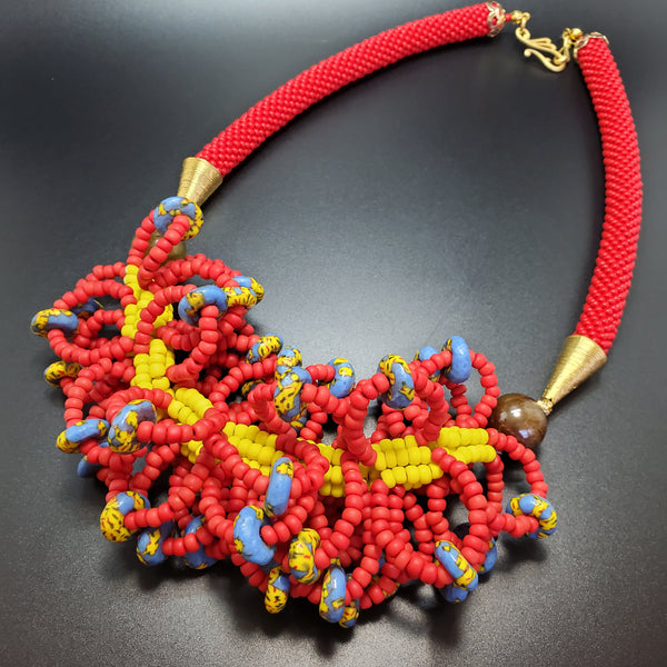 Red Multi Loopa Woven Beaded Crochet Necklace