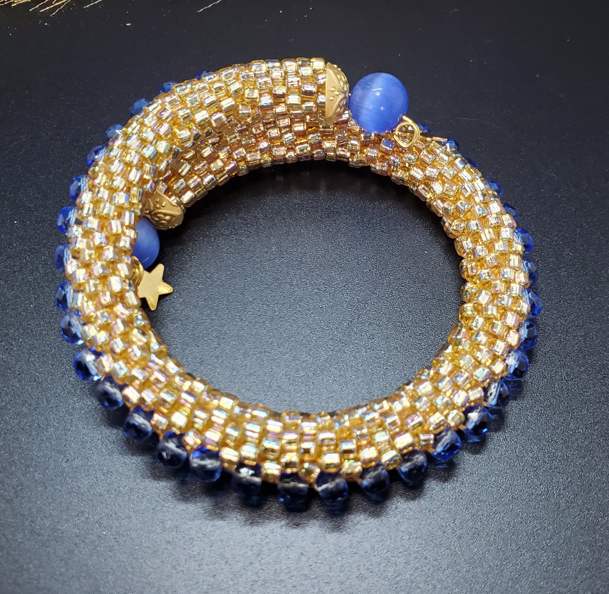 Gold-Sapphire Blue Beaded Crochet Bangle