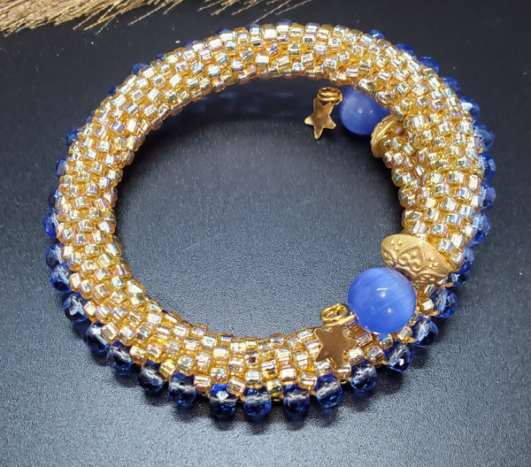 Gold-Sapphire Blue Beaded Crochet Bangle