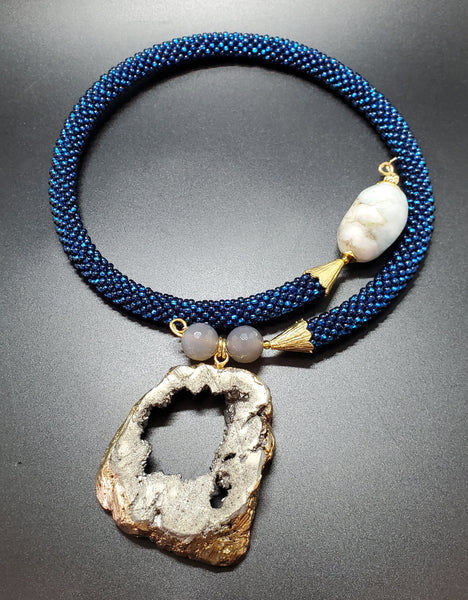 Blue-Druzy Metallica Beaded Crochet Choker