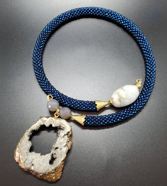 Blue-Druzy Metallica Beaded Crochet Choker