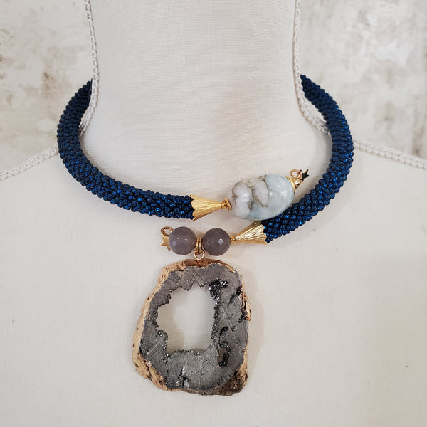 Blue-Druzy Metallica Beaded Crochet Choker