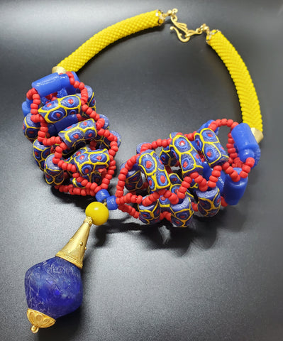 Blue-Red-Yellow Multi 3D Woven Beaded Crochet Necklace