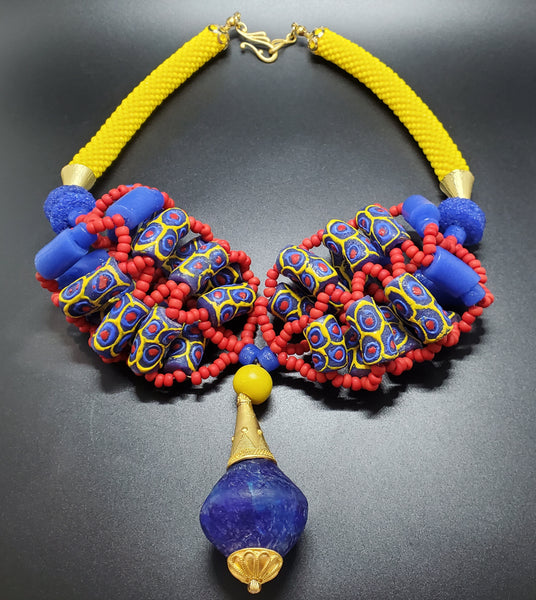 Blue-Red-Yellow Multi 3D Woven Beaded Crochet Necklace