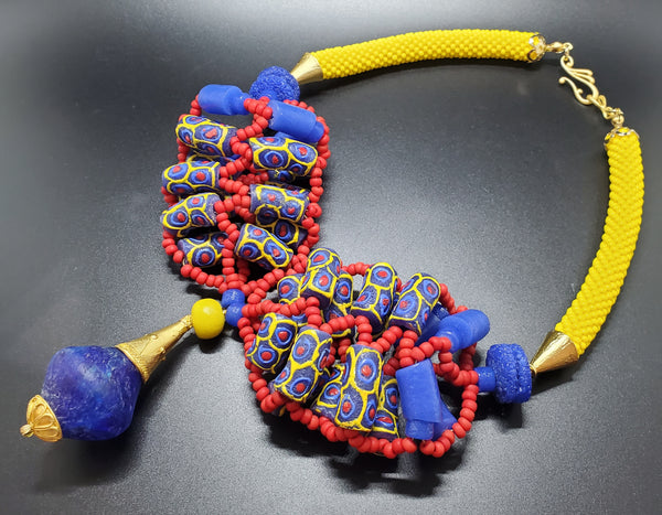 Blue-Red-Yellow Multi 3D Woven Beaded Crochet Necklace