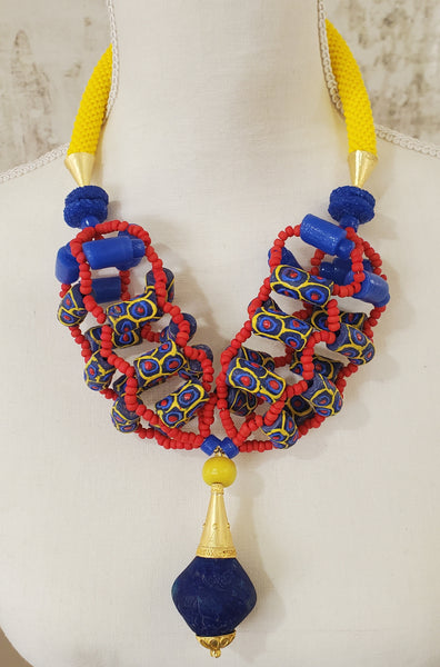 Blue-Red-Yellow Multi 3D Woven Beaded Crochet Necklace