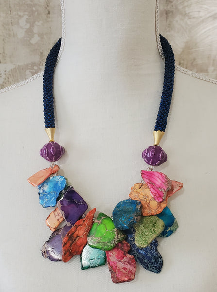 Multi-Blue Beaded Crochet Necklace