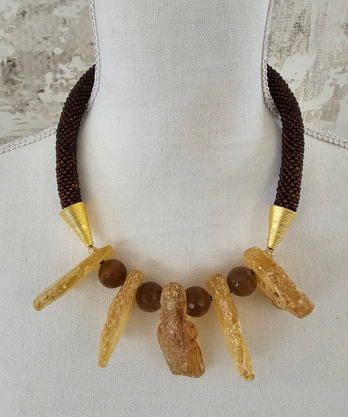 Amber-Brown Beaded Crochet Necklace