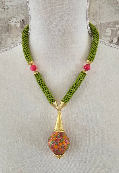 Olive-Raspberry Multi Flacon Beaded Crochet Necklace