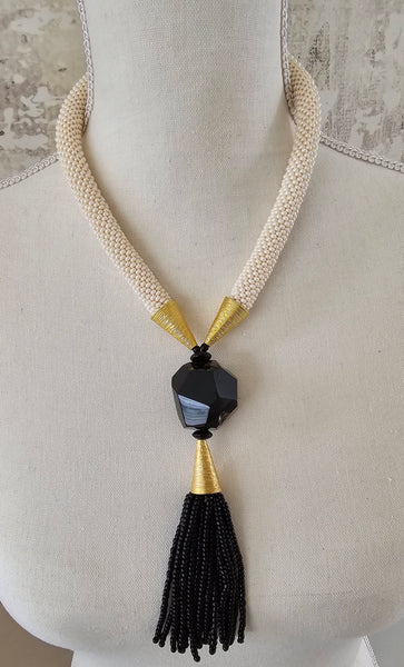 Cream-Black Tassel Beaded Crochet Necklace