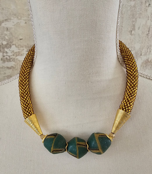 Gold Topaz-Green Beaded Crochet Necklace