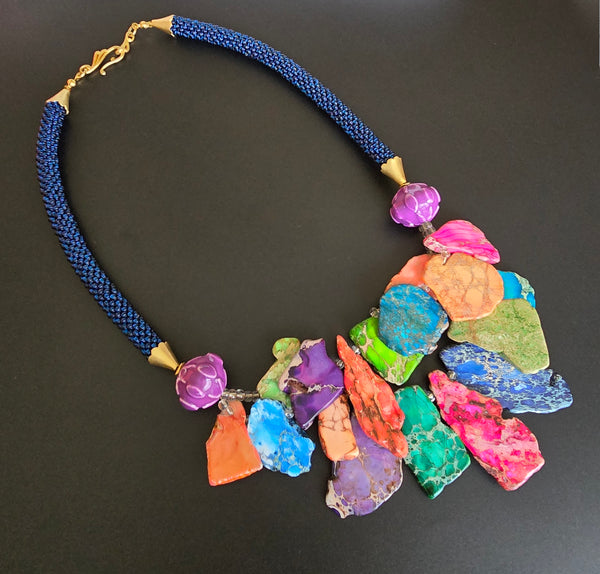 Multi-Blue Beaded Crochet Necklace