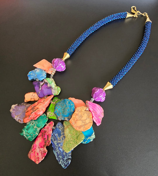 Multi-Blue Beaded Crochet Necklace