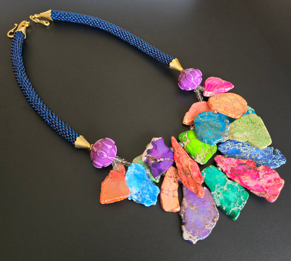 Multi-Blue Beaded Crochet Necklace