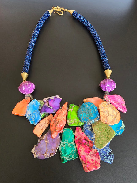 Multi-Blue Beaded Crochet Necklace