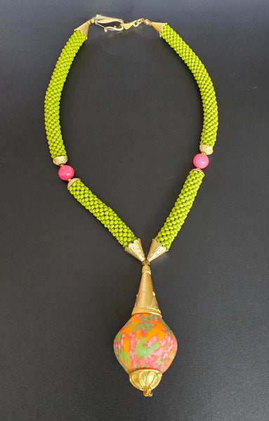 Olive-Raspberry Multi Flacon Beaded Crochet Necklace