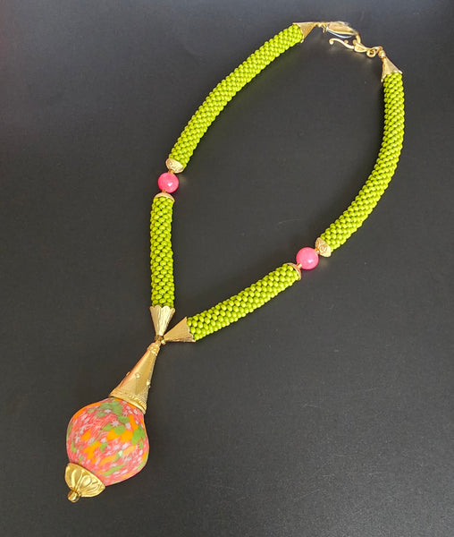 Olive-Raspberry Multi Flacon Beaded Crochet Necklace