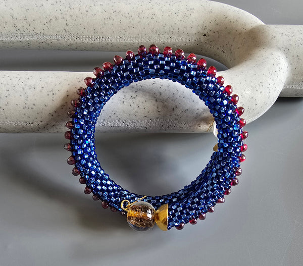 Combo Beaded Crochet Bangle - Sapphire/Garnet