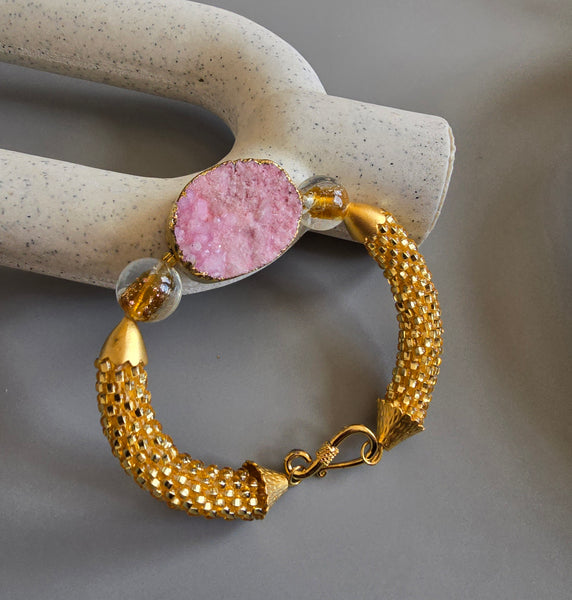 Druzy Combo Beaded Crochet Bangle - Pink/Gold