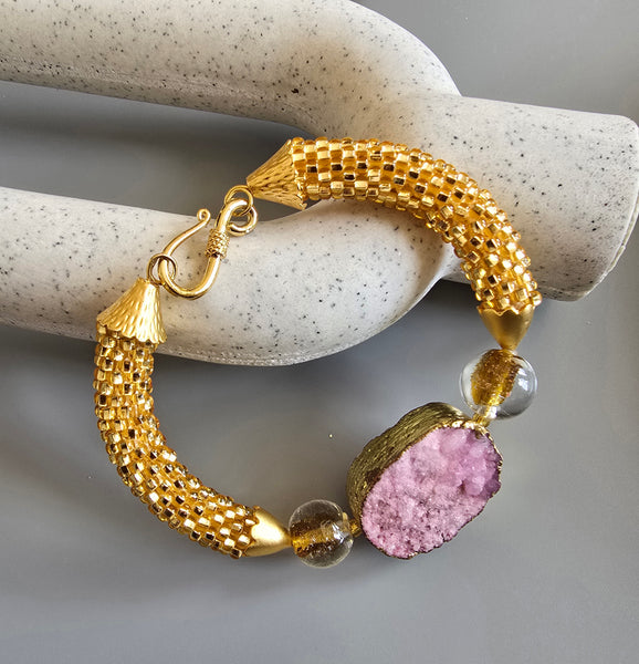 Druzy Combo Beaded Crochet Bangle - Pink/Gold