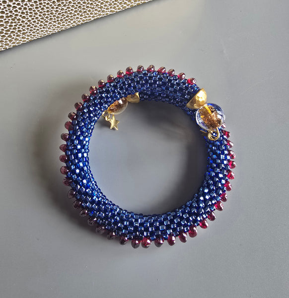 Combo Beaded Crochet Bangle - Sapphire/Garnet