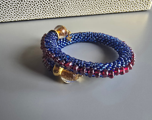 Combo Beaded Crochet Bangle - Sapphire/Garnet