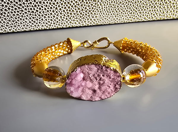 Druzy Combo Beaded Crochet Bangle - Pink/Gold