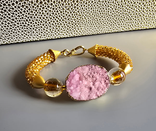 Druzy Combo Beaded Crochet Bangle - Pink/Gold