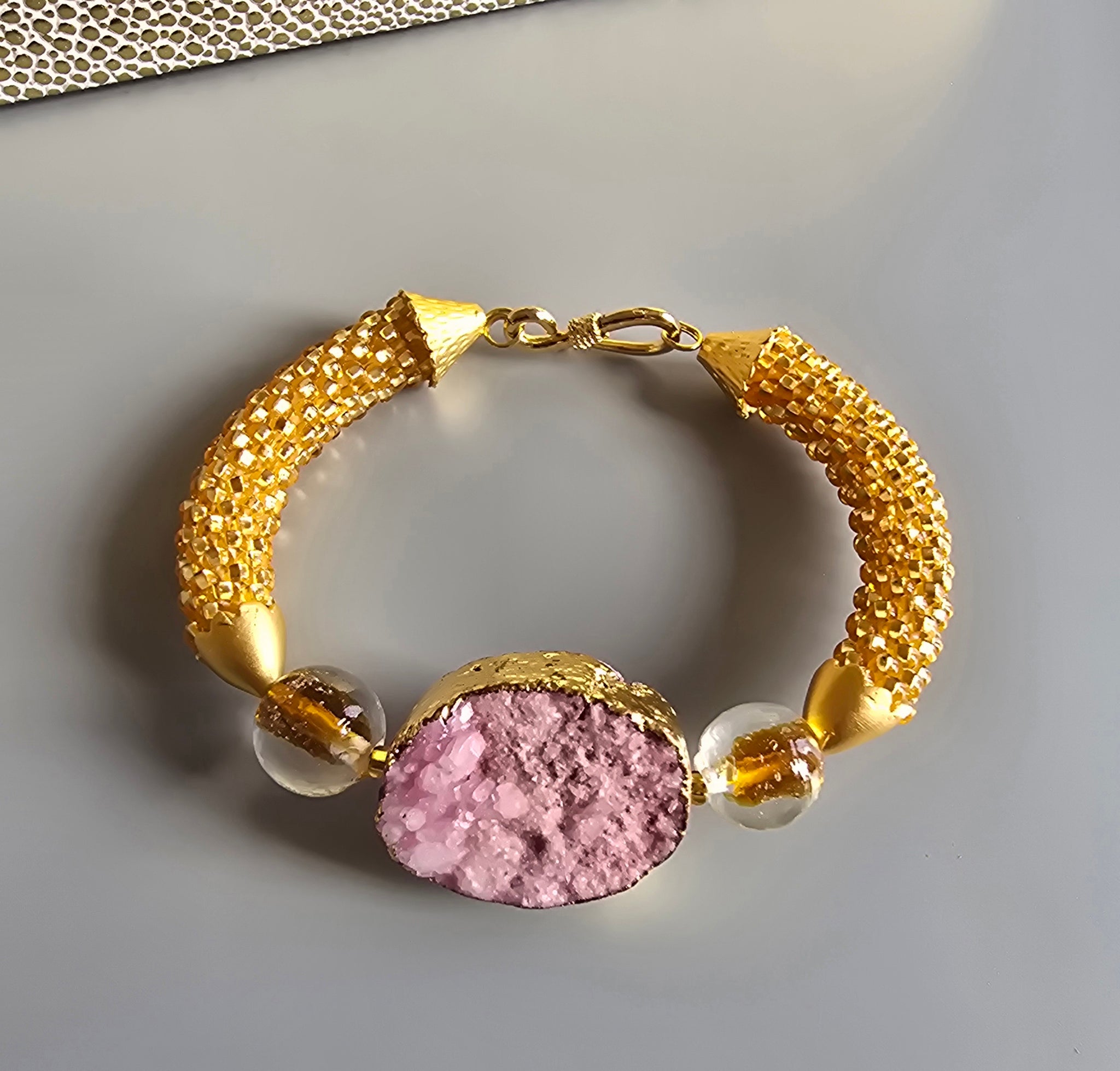 Druzy Combo Beaded Crochet Bangle - Pink/Gold