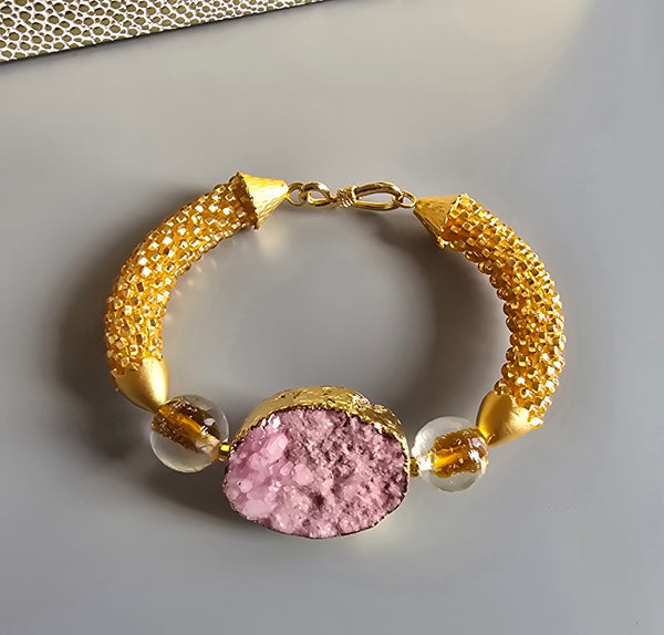 Druzy Combo Beaded Crochet Bangle - Pink/Gold