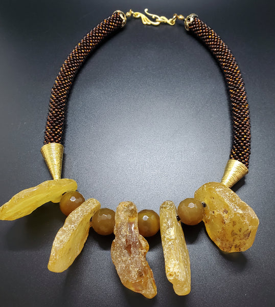 Amber-Brown Beaded Crochet Necklace