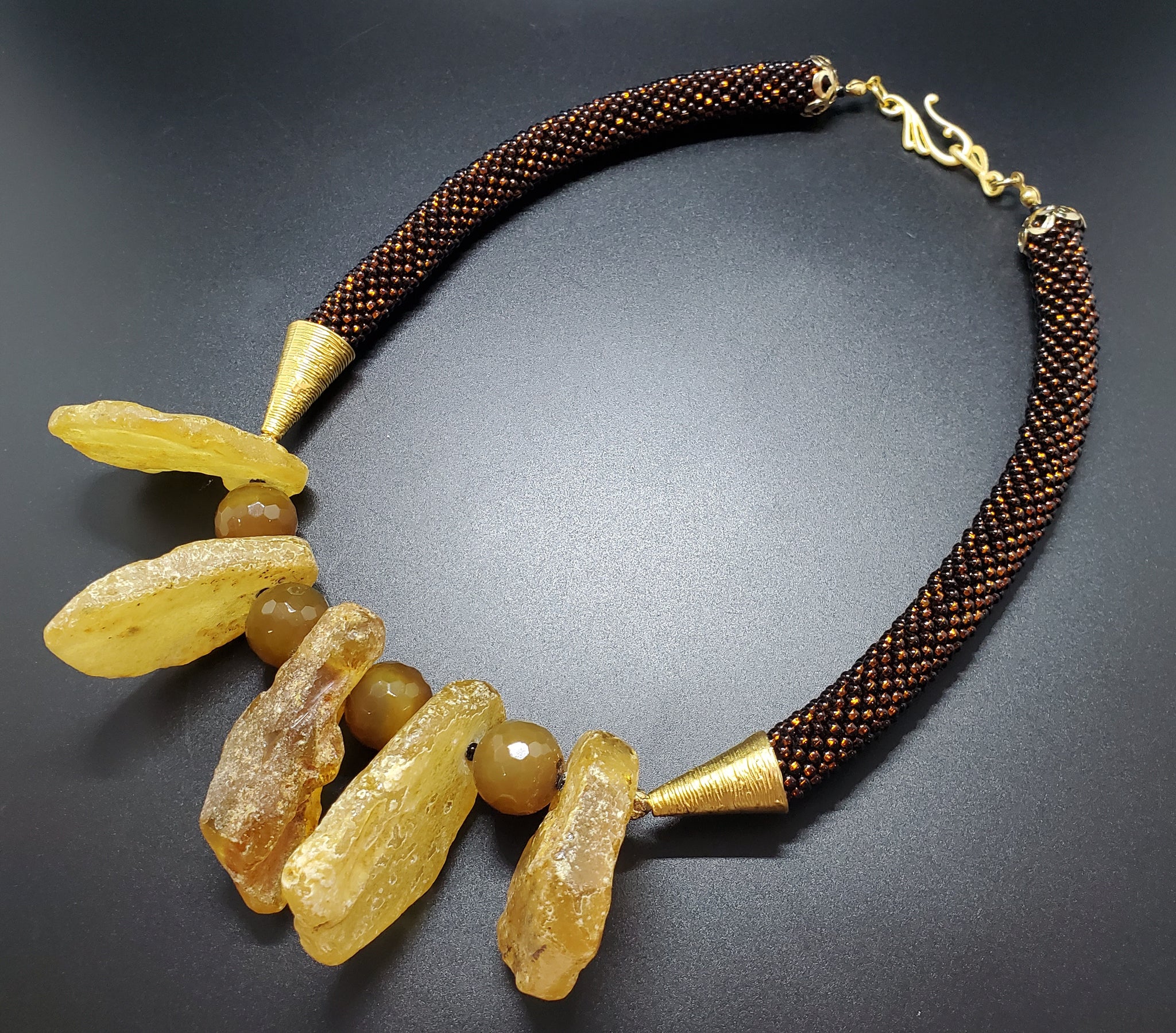 Amber-Brown Beaded Crochet Necklace