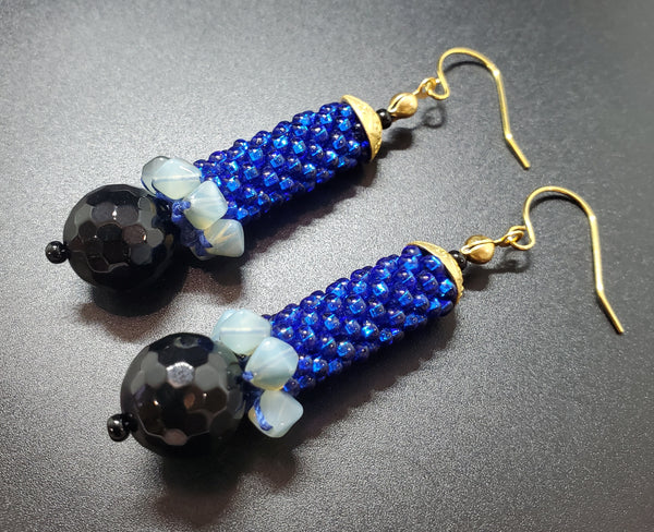 Blue-Black Linear Beaded Crochet Earrings