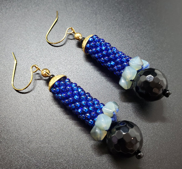 Blue-Black Linear Beaded Crochet Earrings