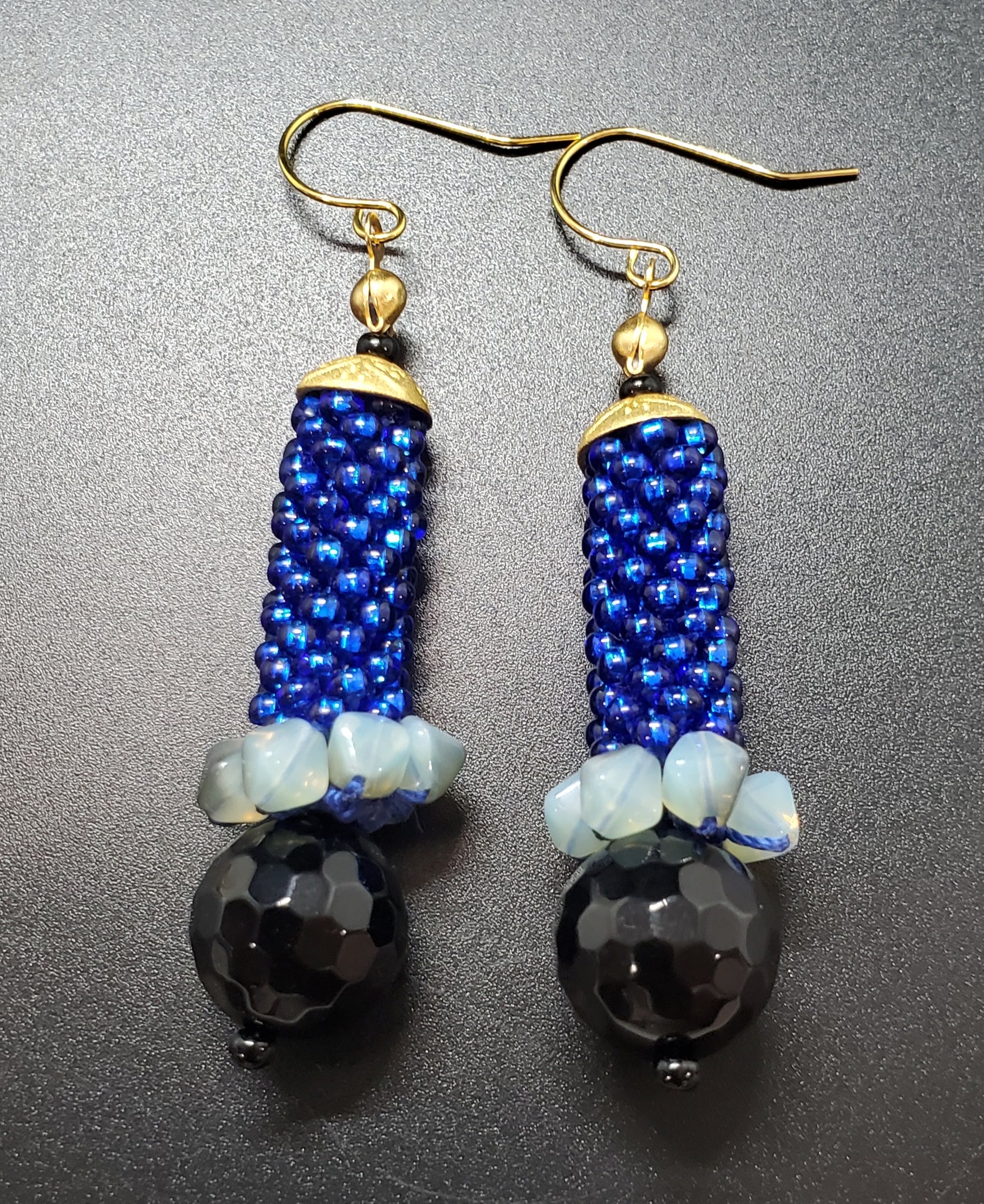 Blue-Black Linear Beaded Crochet Earrings