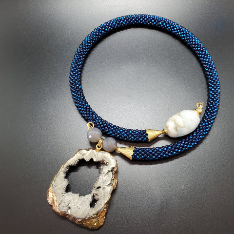 Blue-Druzy Metallica Beaded Crochet Choker