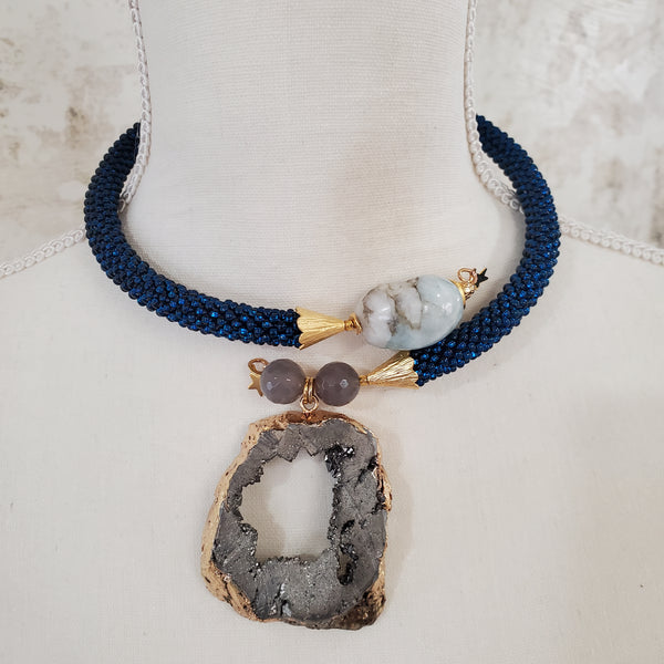 Blue-Druzy Metallica Beaded Crochet Choker