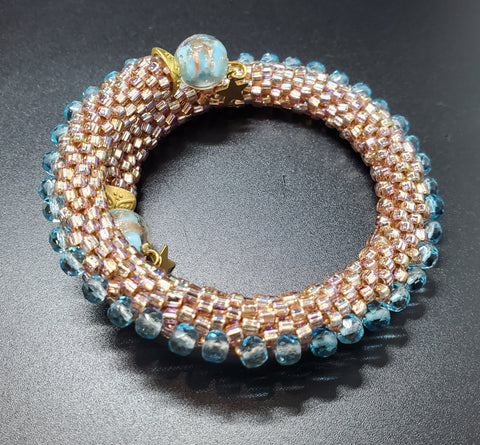 Blush-Aqua Beaded Crochet Bangle