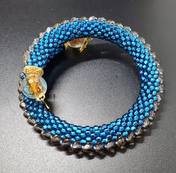 Dark Aqua-Smoke Beaded Crochet Bangle