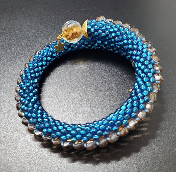 Dark Aqua-Smoke Beaded Crochet Bangle