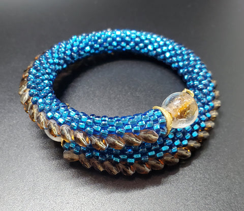 Dark Aqua-Smoke Beaded Crochet Bangle