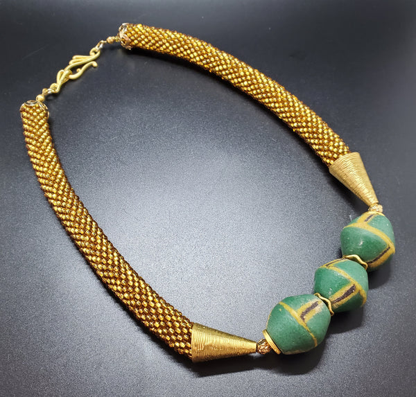 Gold Topaz-Green Beaded Crochet Necklace