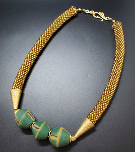 Gold Topaz-Green Beaded Crochet Necklace