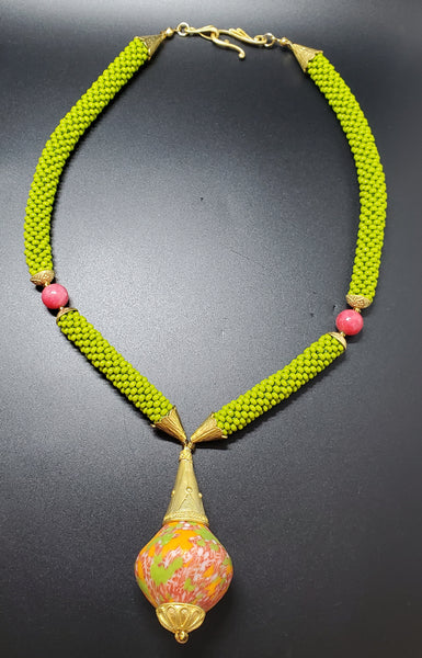 Olive-Raspberry Multi Flacon Beaded Crochet Necklace