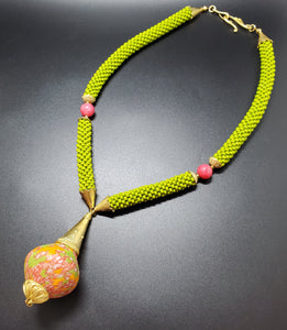 Olive-Raspberry Multi Flacon Beaded Crochet Necklace