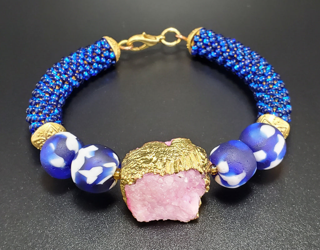 Blue, Pink & White Seed Bead Bracelet