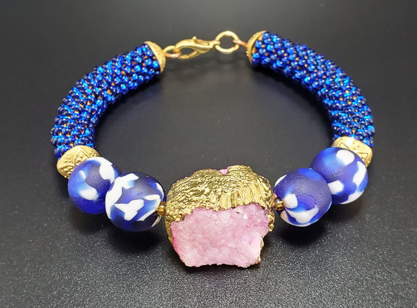 Pink Druzy-Blue Combo Beaded Crochet Bangle