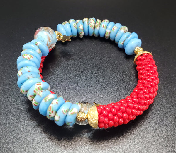 Red/Blue Multi Combo Beaded Crochet Bangle